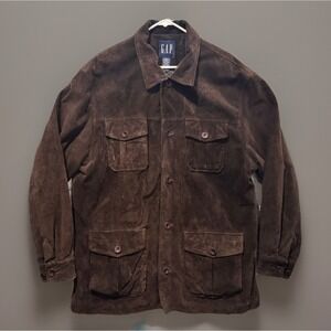 VTG Gap Cow Suede Split Leather Jacket Sz L Brown Chest Front Pockets Overcoat